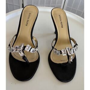 Boston Proper Slip On Black 3” Heals Sandals Rhinestones Size 8 PROM‎ Wedding